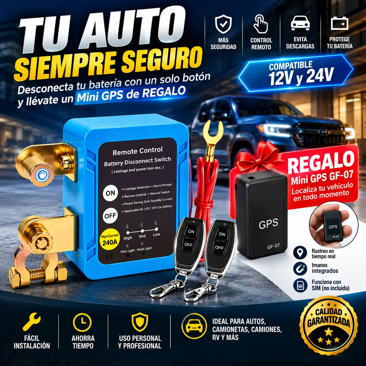 Interruptor de Apagado de Bateria con Control Remoto + GRATIS Mini Rastreador GPS