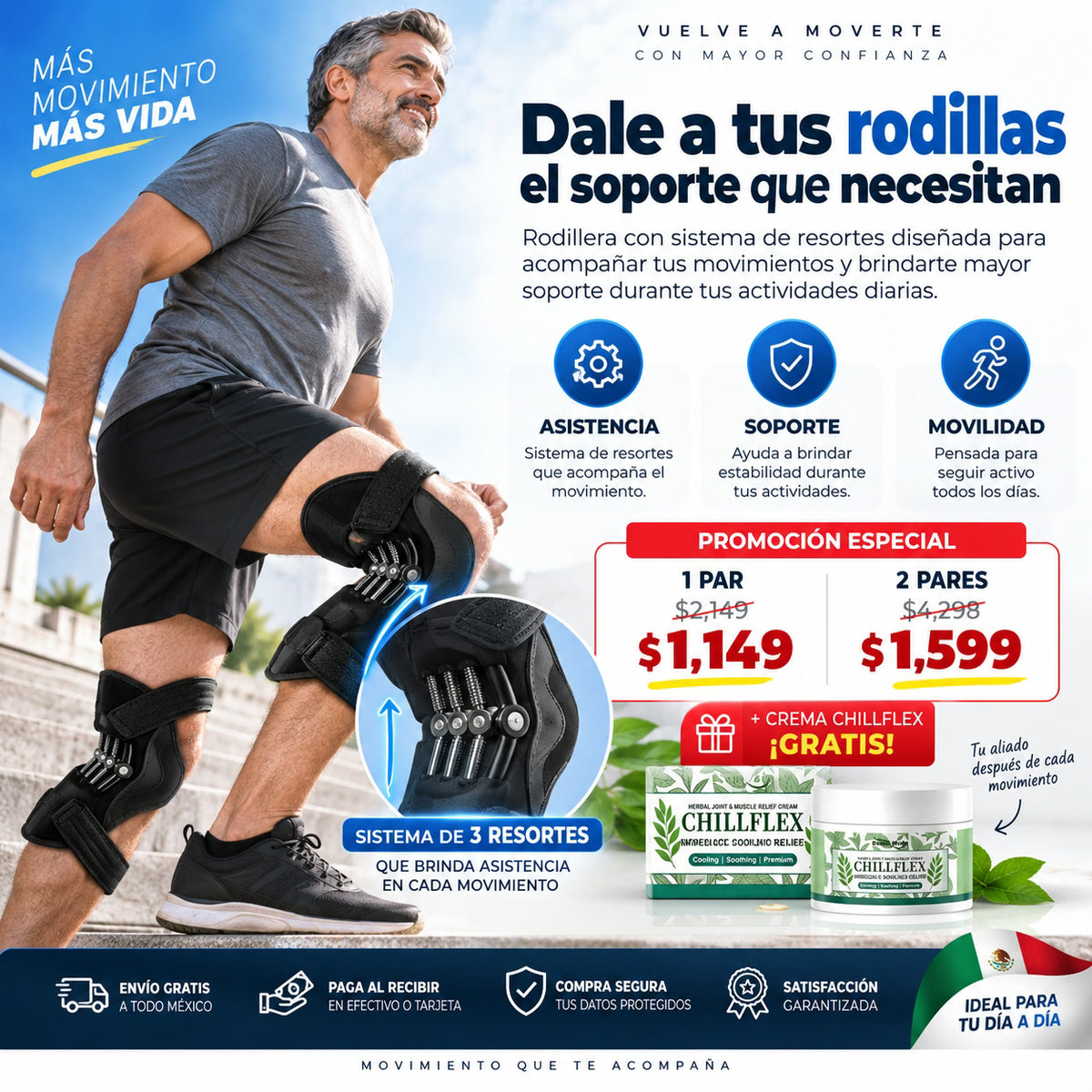 Rodilleras Ortopédica Con Resorte + GRATIS Crema Muscular ChillFlex