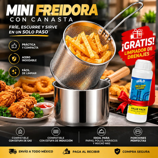 Mini Freidora Con Canasta De Acero Inoxidable + GRATIS Limpiador De Drenaje